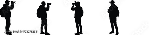 Silhouette, photographer, camera pose, backpack person, travel photography, black figure, photo stance, outdoor shooting, minimalist art, tourist, standing pose, camera user, black outline, 