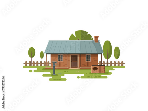 Country cottage dwelling, blue metal roof, picket fence, green lawn, shrubs, front porch, peaceful village scene, vector illustration