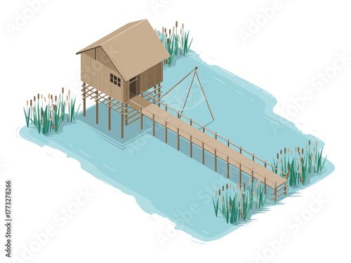 Lakeside fishing hut, stilt cabin with net rig, narrow walkway, marsh reeds, traditional river livelihood, isometric vector