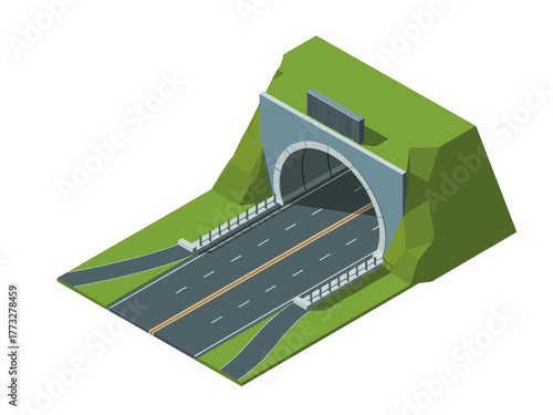 Mountain road tunnel portal, concrete bore through hill, striped lanes with sidewalk, transportation infrastructure element, detailed isometric graphic