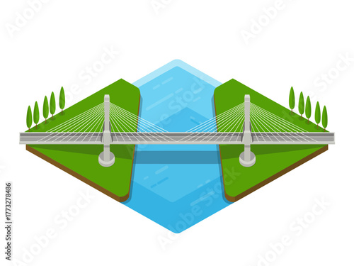 Suspension style bridge across channel, island landscape tile, cable towers and deck, modern transportation scene, urban planning vector