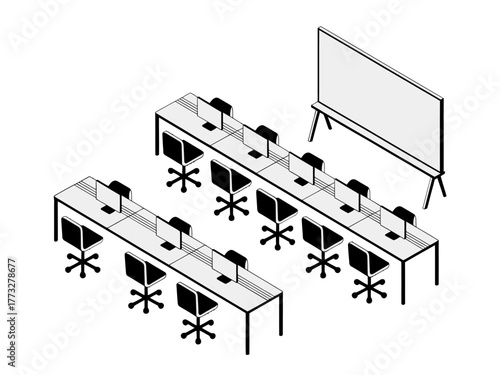 Computer lab training room, long desk rows with swivel chairs, monitors and keyboards, whiteboard screen, technology classroom vector