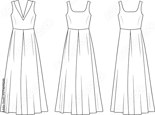 Women’s long dress collection, CAD fashion drawing, flat vector illustration, garment template, stylish clothing design, editable outline, apparel sketch Women’s