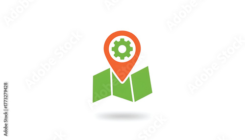 Vector of location pointer with map and gear wheel. Icon of delivery service. Symbol of GIS system
