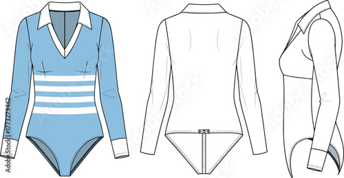 Women’s long sleeve bodysuit fashion flat sketch, collared V-neck design, stylish apparel template for designers