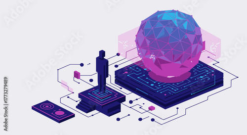 A futuristic isometric concept illustrates a digital human figure connected to a complex polygonal data sphere, embodying the convergence of AI and advanced computing.