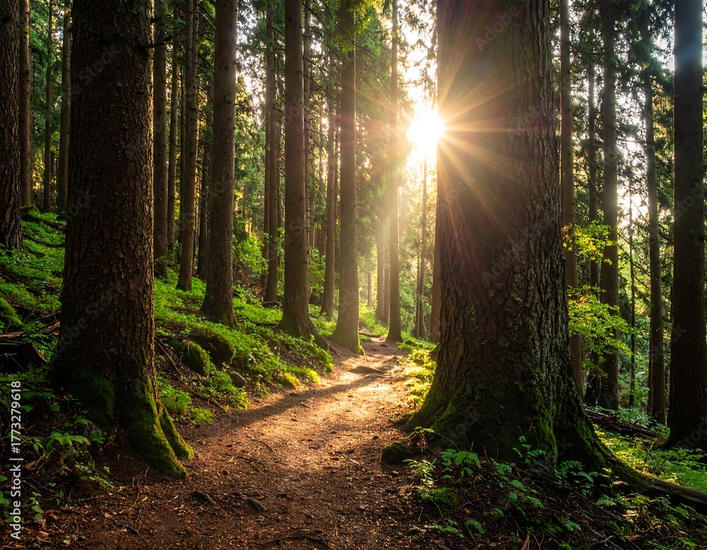 Obraz premium Sunlight streams through tall trees onto a forest path (1)