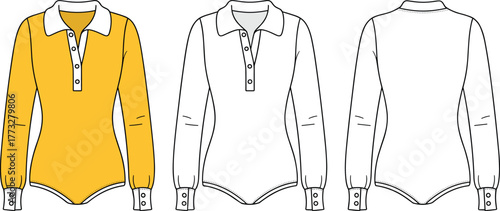 Women’s long sleeve collared bodysuit front and back views with colored version, button placket, fitted silhouette, cad drawing flat vector