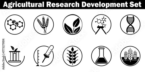 Agricultural Research Development Set Vector Graphic. Science Innovation, Crop Improvement, Biotechnology, Genetics, Engineering, Agronomy, Botany, Zoology, Microbiology.