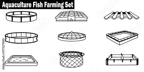 Aquaculture Fish Farming Set Vector Graphic. Water Culture, Marine Cultivation, Aquatic Husbandry, Pisciculture, Fishpond, Shellfish, Crustacean, Algae Production concept. 