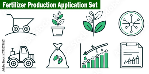 Fertilizer Production Application Set Icon Vector Illustration. Trolley and Plant in Pot. Agriculture and Farming. Fertilizer Bag, Graph, Tractor elements. 