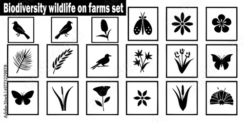 Biodiversity Wildlife On Farms Silhouette Set Vector Graphic. Animal Plant, Species Ecological Balance, Ecosystem Conservation, Habitat Preservation elements. 
