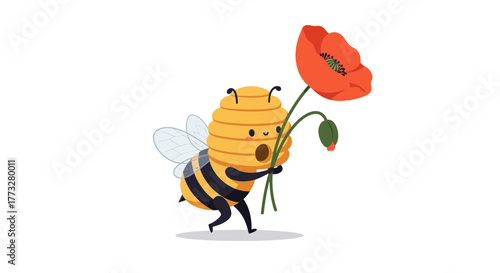 Bee carrying a red poppy flower, a symbol of natures beauty.