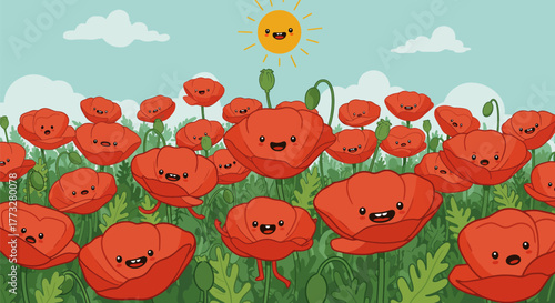 Cheerful cartoon poppies in a sunny field under a blue sky.