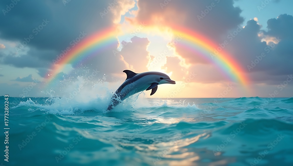 Fototapeta premium A single dolphin leaping out of turquoise ocean water beneath a vivid rainbow and glowing sky, splashes frozen mid-air, joyful moment captured with cinematic lighting and colorful reflections across