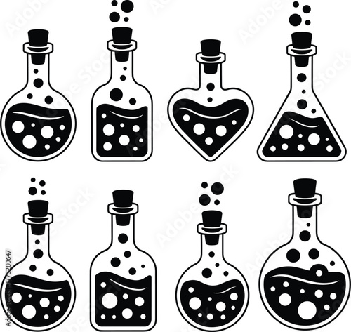 Eight black and white potion bottles with bubbles liquid