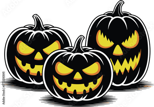 Three black jack o lanterns with yellow and orange carved faces