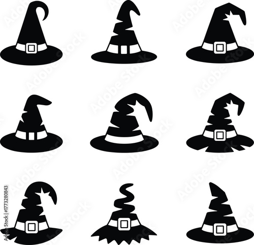 Nine Black Witch Hats With White Bands And Buckles