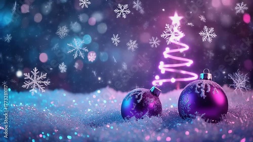 Magical Winter Wonderland with Glowing Christmas Tree and Ornaments