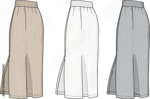 Women’s pleated midi skirt flat sketch, CAD drawing, side slit, fitted waistband, below knee length, vector template, garment design, technical illustration