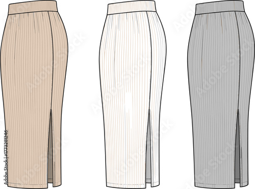 Women’s pleated skirt flat sketch, CAD drawing, side slit, high waistband, below knee length, vector template, garment design, technical fashion illustration