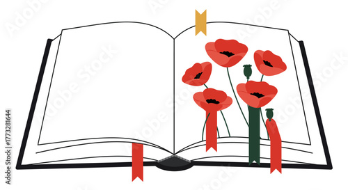 Open book with red poppies and bookmarks, artistic illustration.