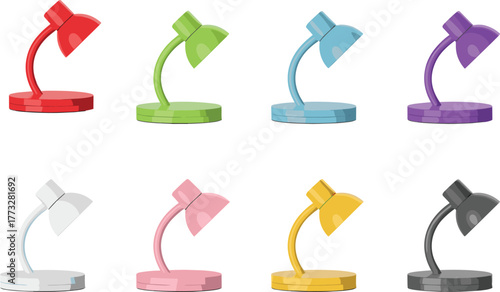 Colorful desk lamps collection, modern table light set, home office decor, minimalist lighting design, isolated vector illustration for interior concept