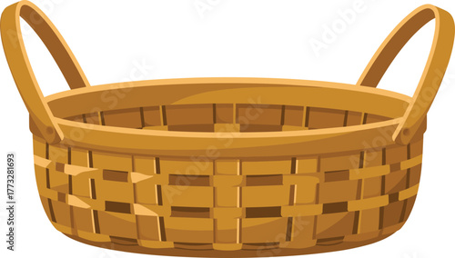Woven wicker basket with dual handles, rustic oval container for storage, traditional handmade craft, natural home decor, empty basket illustration