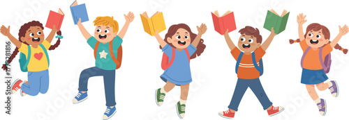 Happy diverse children jumping with books, back to school celebration, education joy, kids with backpacks, learning excitement, cartoon vector illustration