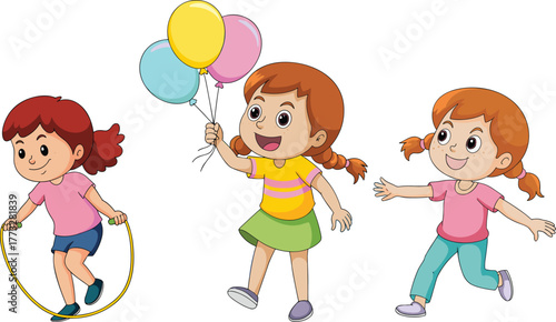 Happy cartoon children playing outdoors, skipping rope, holding balloons, running with joy, fun kids activity, cheerful childhood moment, isolated vector illustration