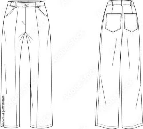 Women’s relaxed wide-leg pants fashion flat sketch, front and back technical drawing, vector template for apparel design illustration