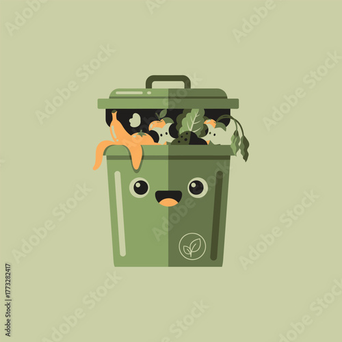 Happy cartoon compost bin overflowing with organic food waste.
