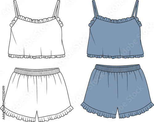 Women’s ruffle cami set, summer lounge outfit, camisole and shorts vector, fashion flat sketch, clothing CAD, sleepwear design illustration