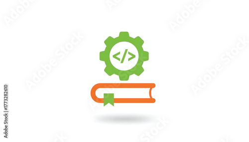 Vector illustration of book and gears with code. Sign of coding programming education. Icon of machine learning software. Symbol