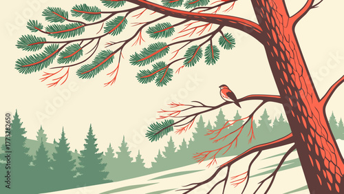 Serene Winter Forest Illustration with a Small Bird Perched on a Pine Branch Amidst Snowy Landscape
