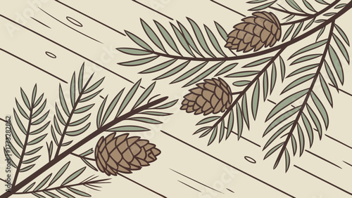 Evergreen Pine Branches with Cones on Rustic Wooden Background Vector Illustration