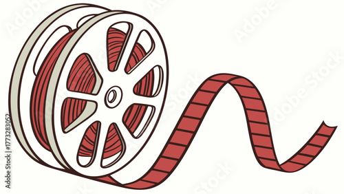Retro Film Reel with Red Movie Strip Unwinding Illustration - Classic Cinema and Entertainment Industry Icon on White Background