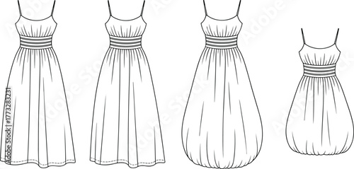 Women’s sleeveless dress collection, CAD fashion drawing, flat vector illustration, garment template, stylish clothing design, balloon hem variation, apparel sketch