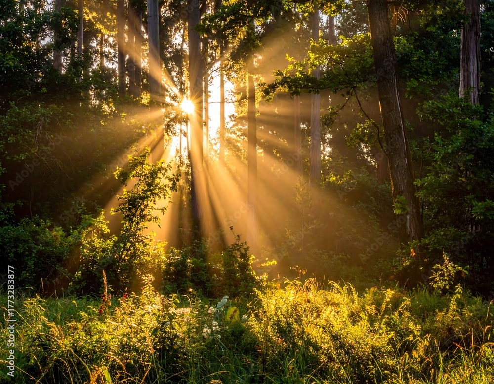 Obraz premium Sun rays breaking through lush green forest, illuminating the natural scene