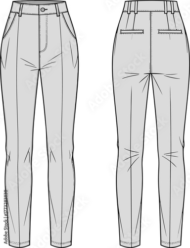 Women’s slim fit trousers, front and back view, fashion flat sketch, CAD drawing, vector apparel design template for clothing designers