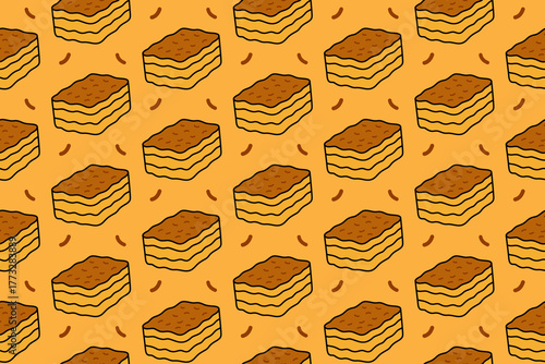 Sponge layer cake dessert colorful illustration pattern on yellow background set for bakery and pastry. Honey cake, Torte, Cake slice cartoon isolated motif background for restaurant and cafes