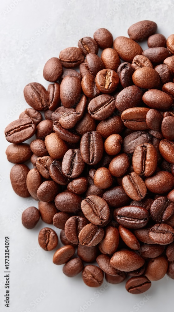 Fototapeta premium Rustic Flat Lay Overhead View Of Roasted Coffee Beans Scattered On A Light Gray Textured Surface With Soft Natural Lighting Highlighting Bean Details And Rich Brown Tones