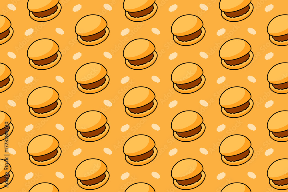 Obraz premium Macaron chocolate with oval colorful pattern on yellow background set for bakery and pastry. Almond biscuit, French sandwich cookie, Meringue dessert cartoon motif background for restaurant and cafes
