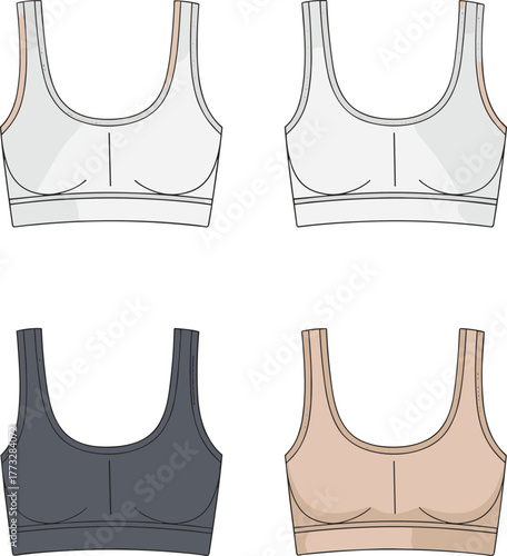 Women’s sports bra fashion flat, CAD technical drawing, lingerie top design, vector clothing template, activewear illustration, apparel sketch, garment design mockup