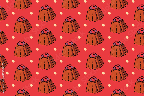 Chocolate pudding with berry and dot colorful pattern on red background set for bakery and pastry. Jelly mold, Dessert cup, Bundt pudding, Flummery cartoon motif background for restaurant and cafes