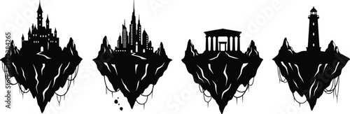 Floating island architecture icons, medieval castle, modern skyscraper city, greek temple, lighthouse beacon, fantasy landscape, surreal design, black white, cad drawing flat vector illustration