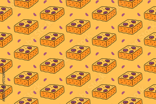 Plum sheet cake with dotted colorful pattern on yellow background set for bakery and pastry. Focaccia, Italian bread, Olive bread, Flatbread, Loaf cartoon motif background for restaurant and cafes