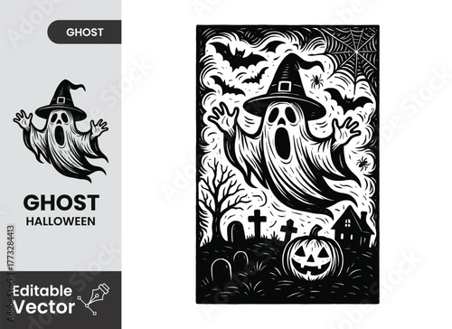 A spooky halloween scene with a ghost witch hat and graveyard