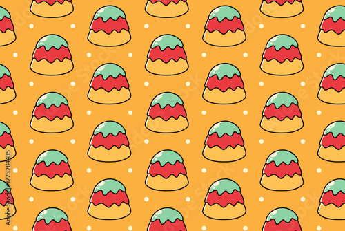 Tricolor jelly pudding with dots colorful illustration pattern on yellow background set for bakery and pastry. Gelatin dessert, Fruit jelly, Wobble cartoon motif background for restaurant and cafes