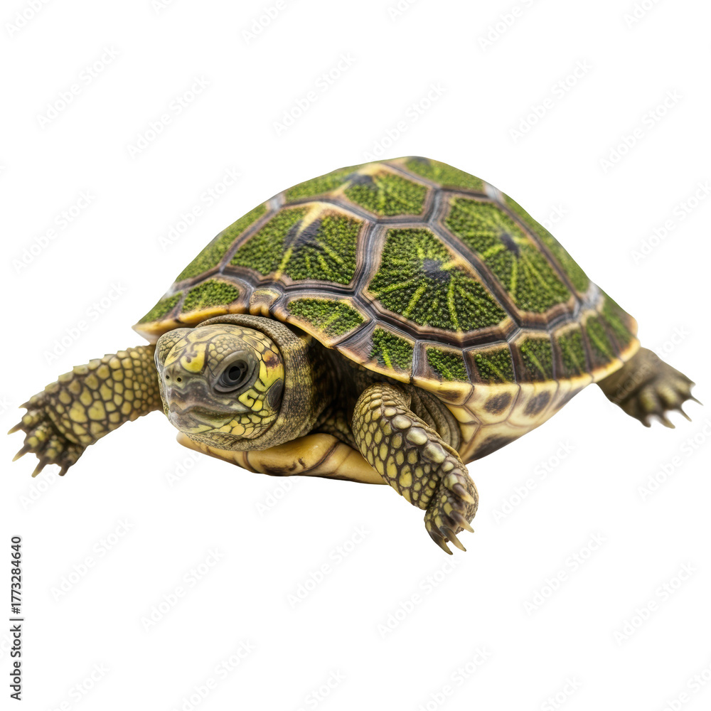 Obraz premium Close up of a vibrant green and yellow patterned turtle with textured shell